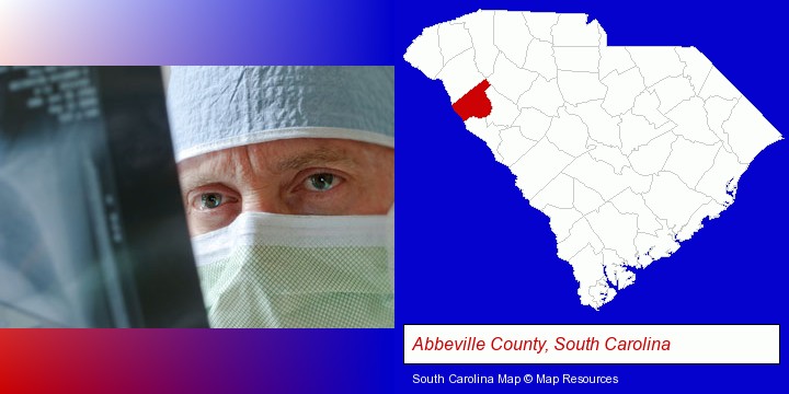 a physician viewing x-ray results; Abbeville County, South Carolina highlighted in red on a map
