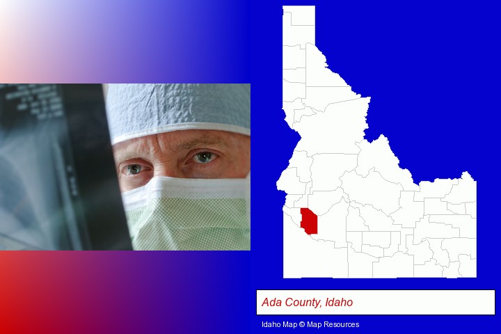 a physician viewing x-ray results; Ada County, Idaho highlighted in red on a map