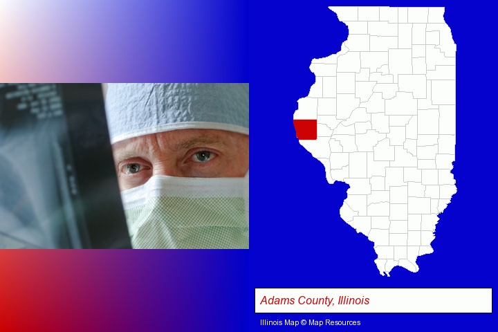 a physician viewing x-ray results; Adams County, Illinois highlighted in red on a map