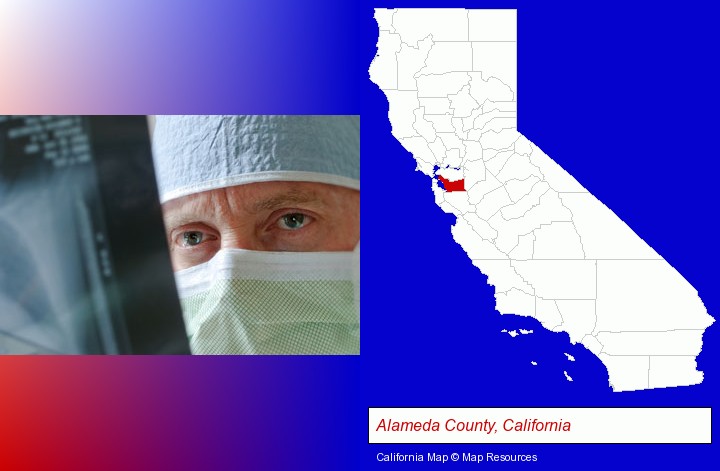 a physician viewing x-ray results; Alameda County, California highlighted in red on a map