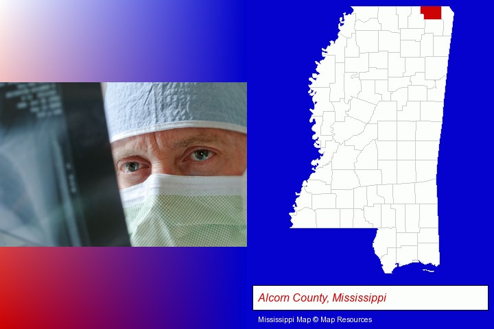 a physician viewing x-ray results; Alcorn County, Mississippi highlighted in red on a map