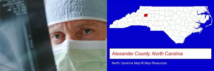 a physician viewing x-ray results; Alexander County, North Carolina highlighted in red on a map