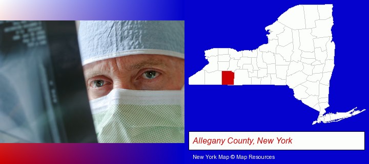 a physician viewing x-ray results; Allegany County, New York highlighted in red on a map