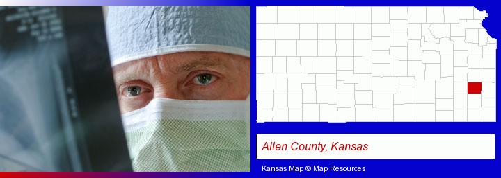a physician viewing x-ray results; Allen County, Kansas highlighted in red on a map