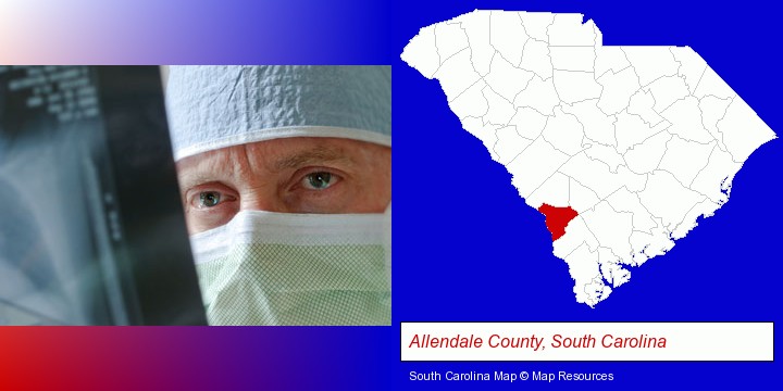 a physician viewing x-ray results; Allendale County, South Carolina highlighted in red on a map