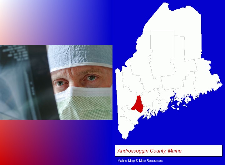 a physician viewing x-ray results; Androscoggin County, Maine highlighted in red on a map