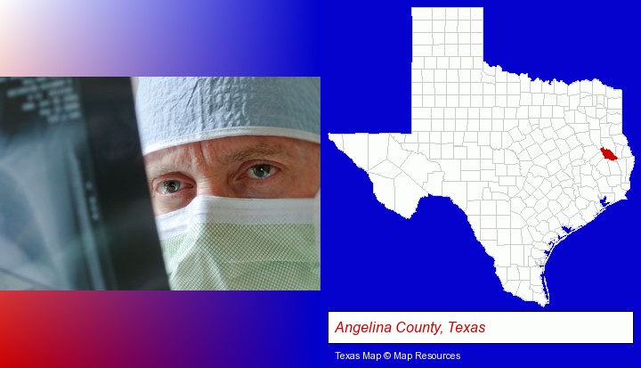 a physician viewing x-ray results; Angelina County, Texas highlighted in red on a map
