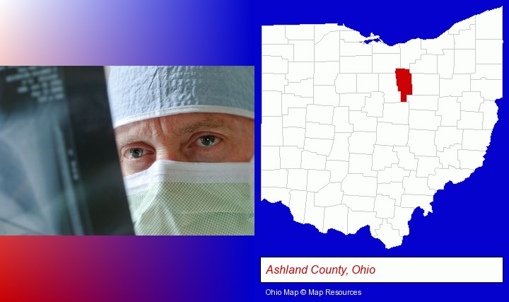 a physician viewing x-ray results; Ashland County, Ohio highlighted in red on a map