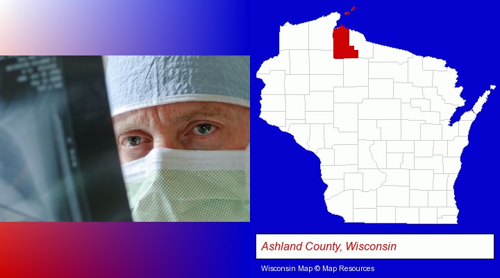 a physician viewing x-ray results; Ashland County, Wisconsin highlighted in red on a map