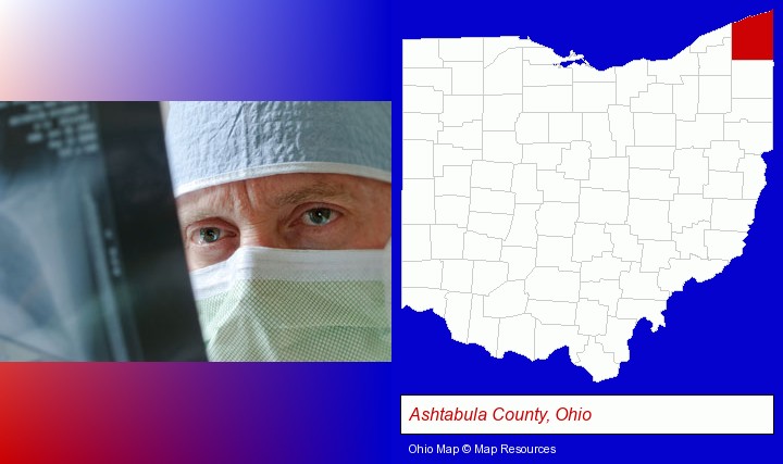 a physician viewing x-ray results; Ashtabula County, Ohio highlighted in red on a map
