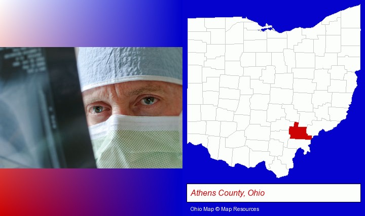 a physician viewing x-ray results; Athens County, Ohio highlighted in red on a map