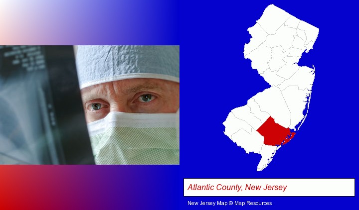 a physician viewing x-ray results; Atlantic County, New Jersey highlighted in red on a map