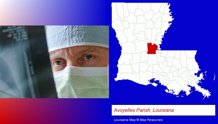 a physician viewing x-ray results; Avoyelles Parish, Louisiana highlighted in red on a map