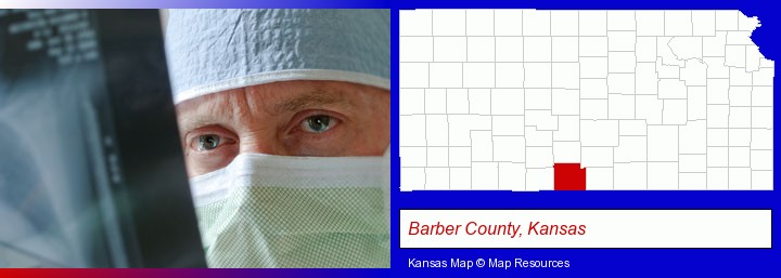 a physician viewing x-ray results; Barber County, Kansas highlighted in red on a map