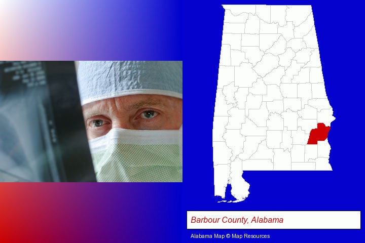 a physician viewing x-ray results; Barbour County, Alabama highlighted in red on a map