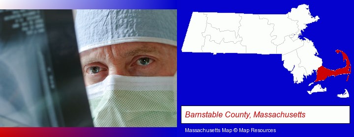a physician viewing x-ray results; Barnstable County, Massachusetts highlighted in red on a map