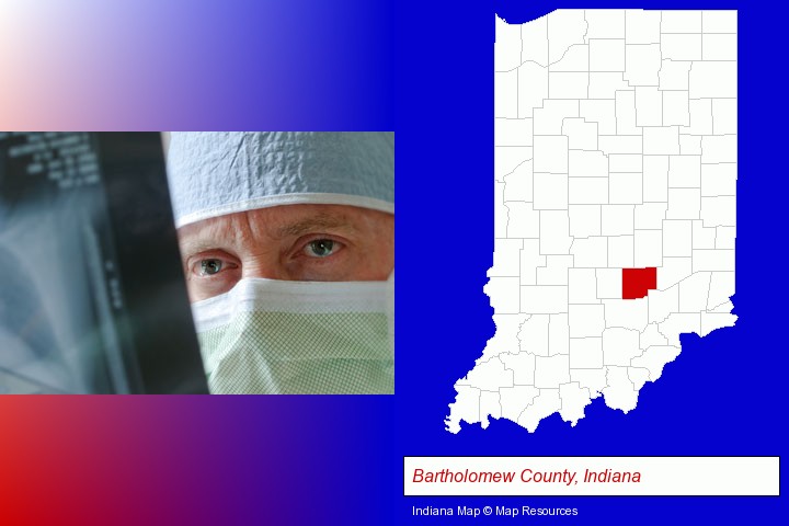 a physician viewing x-ray results; Bartholomew County, Indiana highlighted in red on a map
