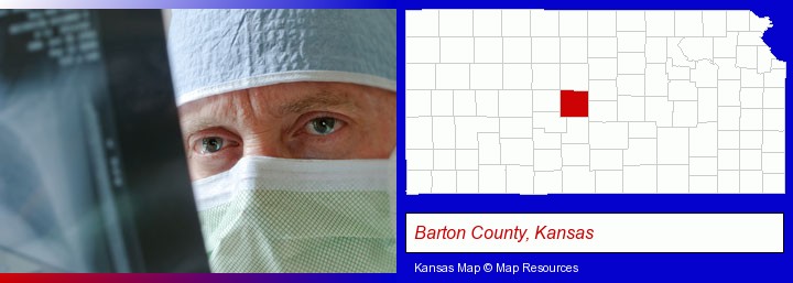 a physician viewing x-ray results; Barton County, Kansas highlighted in red on a map