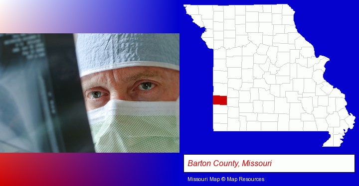 a physician viewing x-ray results; Barton County, Missouri highlighted in red on a map