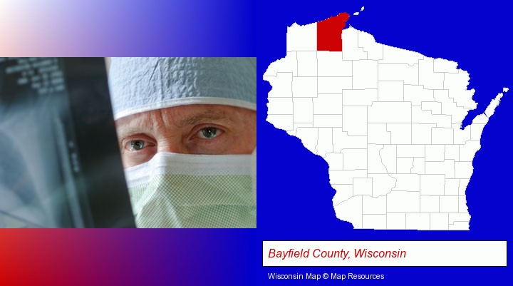 a physician viewing x-ray results; Bayfield County, Wisconsin highlighted in red on a map