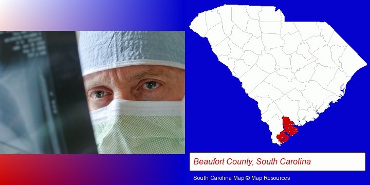 a physician viewing x-ray results; Beaufort County, South Carolina highlighted in red on a map