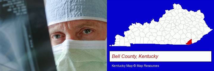 a physician viewing x-ray results; Bell County, Kentucky highlighted in red on a map