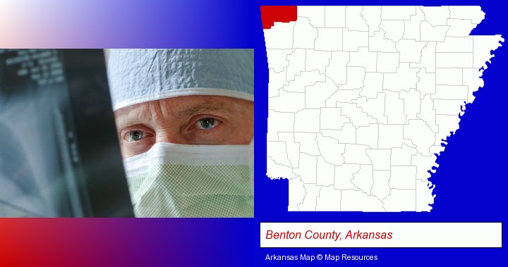 a physician viewing x-ray results; Benton County, Arkansas highlighted in red on a map