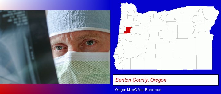 a physician viewing x-ray results; Benton County, Oregon highlighted in red on a map