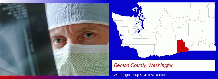 a physician viewing x-ray results; Benton County, Washington highlighted in red on a map
