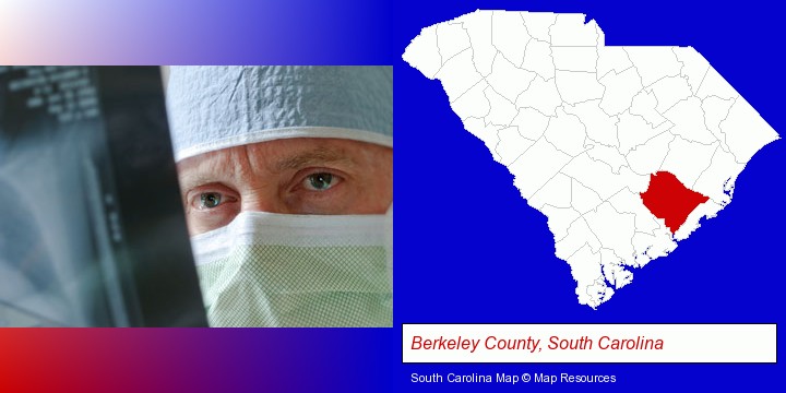 a physician viewing x-ray results; Berkeley County, South Carolina highlighted in red on a map