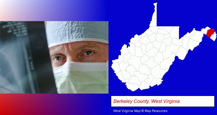 a physician viewing x-ray results; Berkeley County, West Virginia highlighted in red on a map