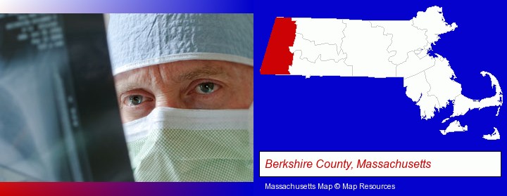 a physician viewing x-ray results; Berkshire County, Massachusetts highlighted in red on a map