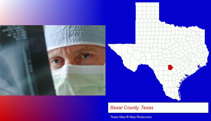 a physician viewing x-ray results; Bexar County, Texas highlighted in red on a map