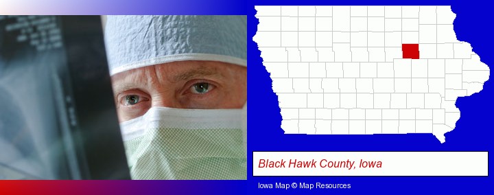 a physician viewing x-ray results; Black Hawk County, Iowa highlighted in red on a map
