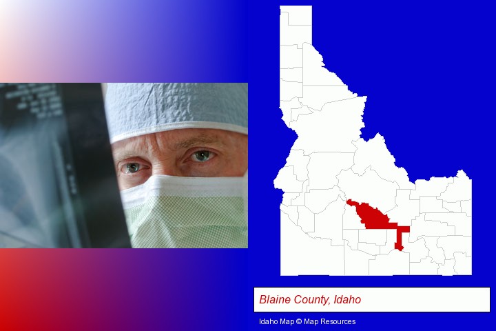 a physician viewing x-ray results; Blaine County, Idaho highlighted in red on a map