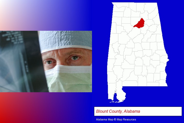 a physician viewing x-ray results; Blount County, Alabama highlighted in red on a map