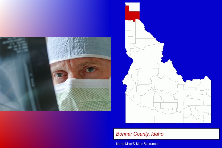a physician viewing x-ray results; Bonner County, Idaho highlighted in red on a map