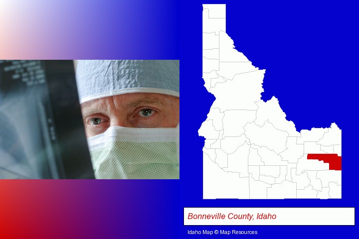a physician viewing x-ray results; Bonneville County, Idaho highlighted in red on a map