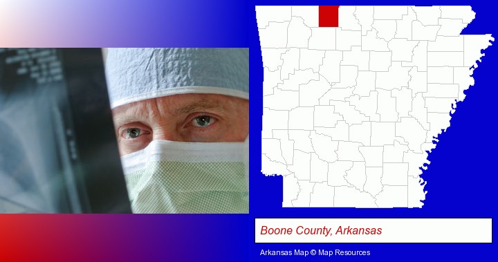 a physician viewing x-ray results; Boone County, Arkansas highlighted in red on a map