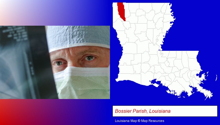 a physician viewing x-ray results; Bossier Parish, Louisiana highlighted in red on a map
