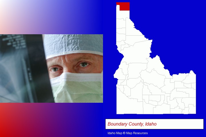 a physician viewing x-ray results; Boundary County, Idaho highlighted in red on a map