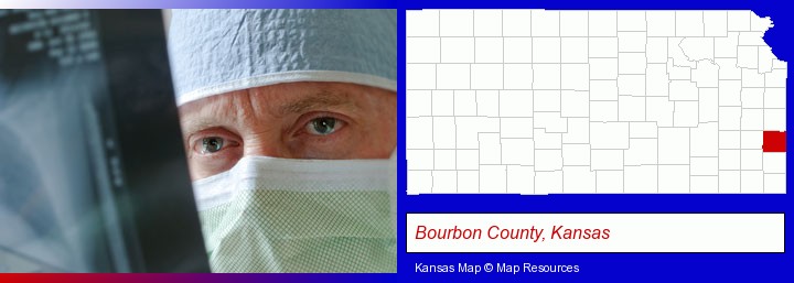 a physician viewing x-ray results; Bourbon County, Kansas highlighted in red on a map