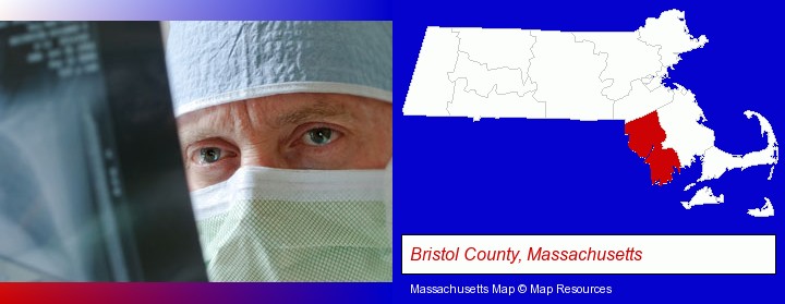 a physician viewing x-ray results; Bristol County, Massachusetts highlighted in red on a map