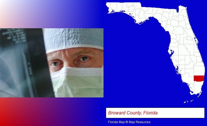 a physician viewing x-ray results; Broward County, Florida highlighted in red on a map