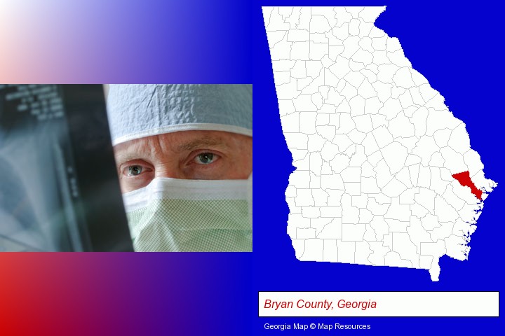 a physician viewing x-ray results; Bryan County, Georgia highlighted in red on a map