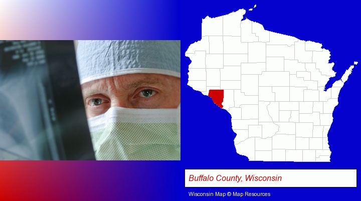 a physician viewing x-ray results; Buffalo County, Wisconsin highlighted in red on a map