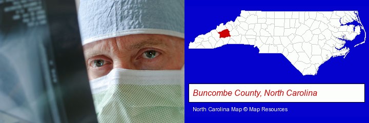 a physician viewing x-ray results; Buncombe County, North Carolina highlighted in red on a map