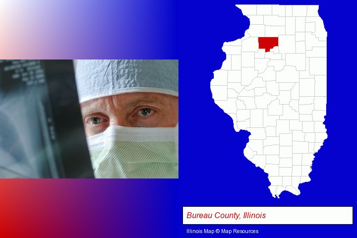 a physician viewing x-ray results; Bureau County, Illinois highlighted in red on a map