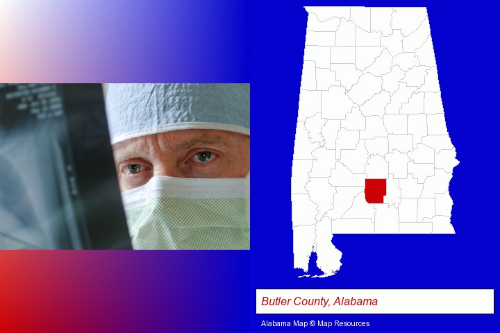 a physician viewing x-ray results; Butler County, Alabama highlighted in red on a map