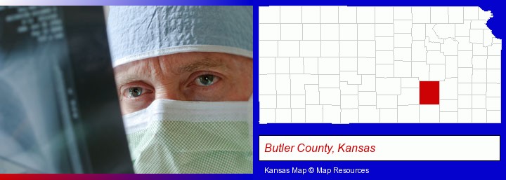 a physician viewing x-ray results; Butler County, Kansas highlighted in red on a map